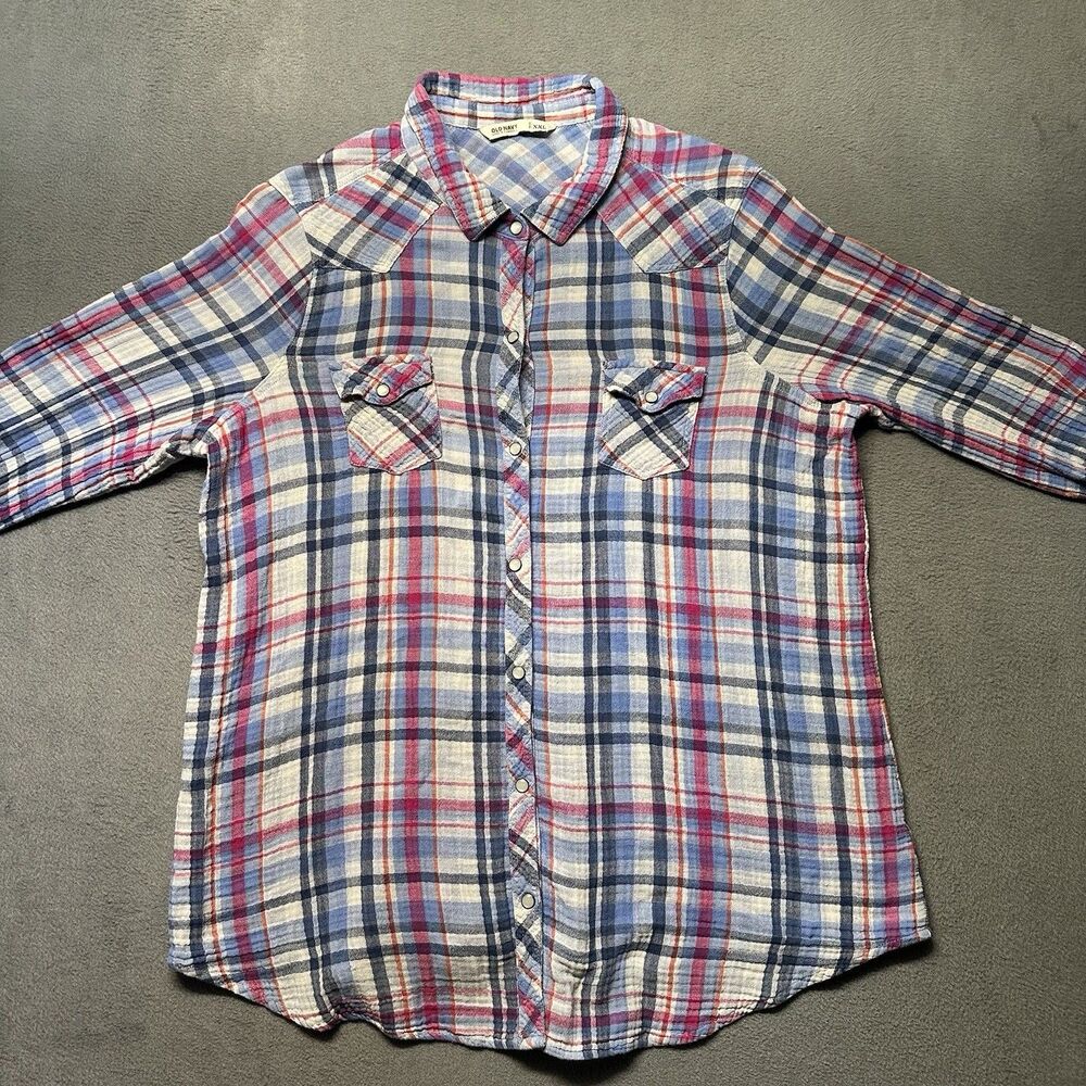 Old Navy Womens XXL Western Pearl Snap Shirt Blue Pink Plaid Ranch Rodeo Cowgirl